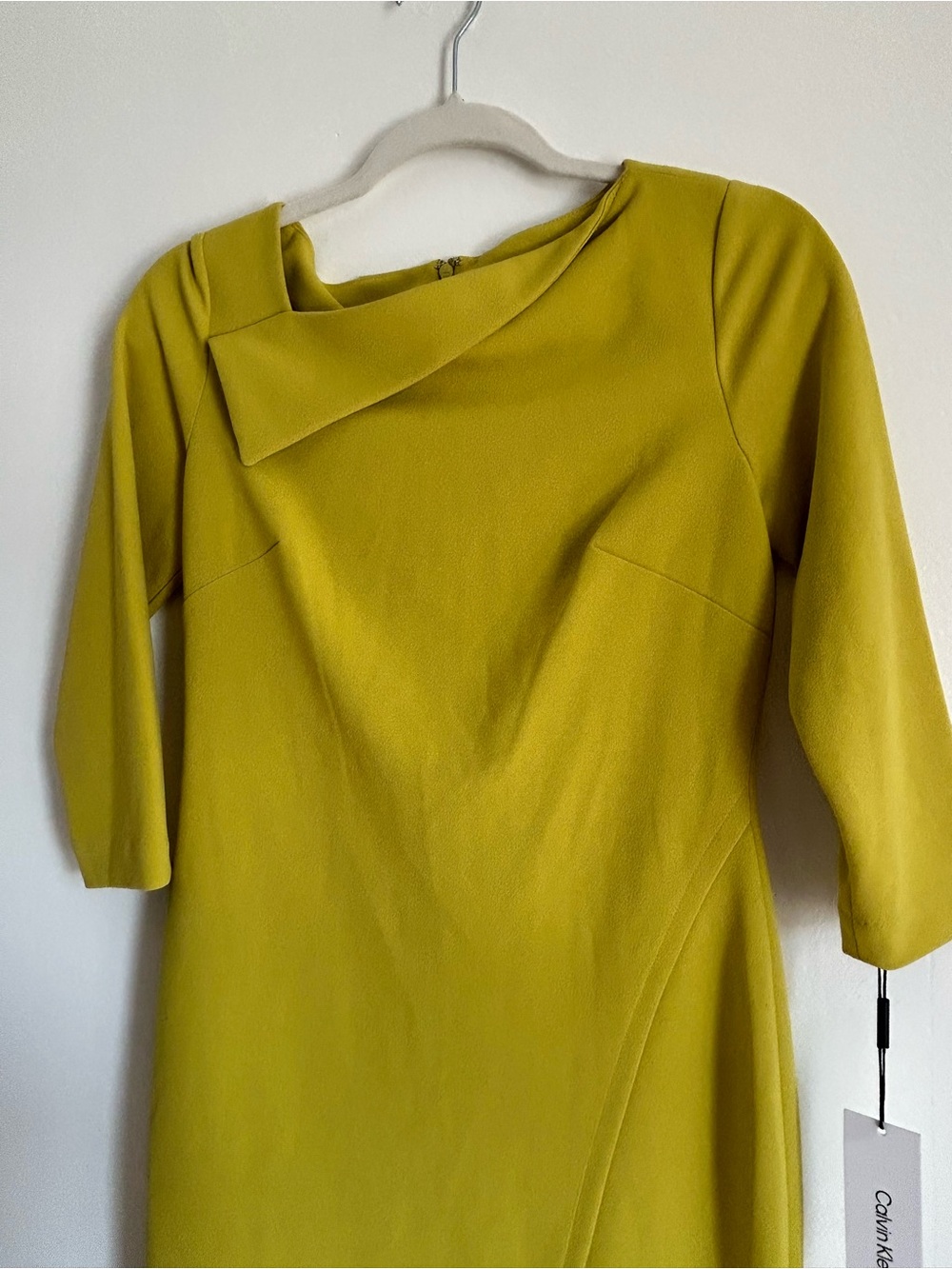 Calvin Klein Yellow-Green Asymmetric Neck Long Sleeve Dress